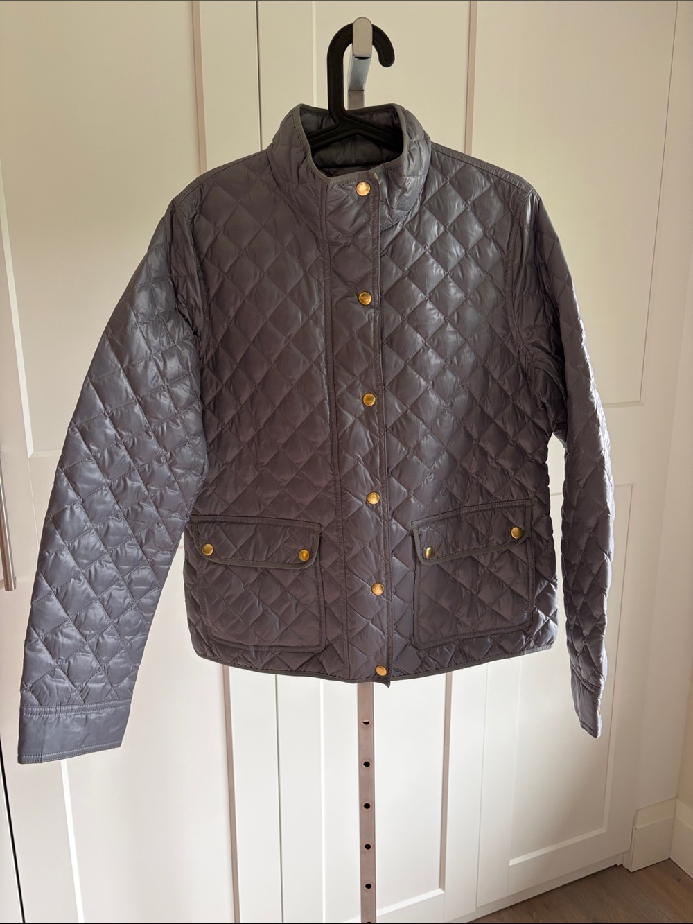 J. Crew Quilted Diamond-Print Jacket in Gray with Gold Buttons